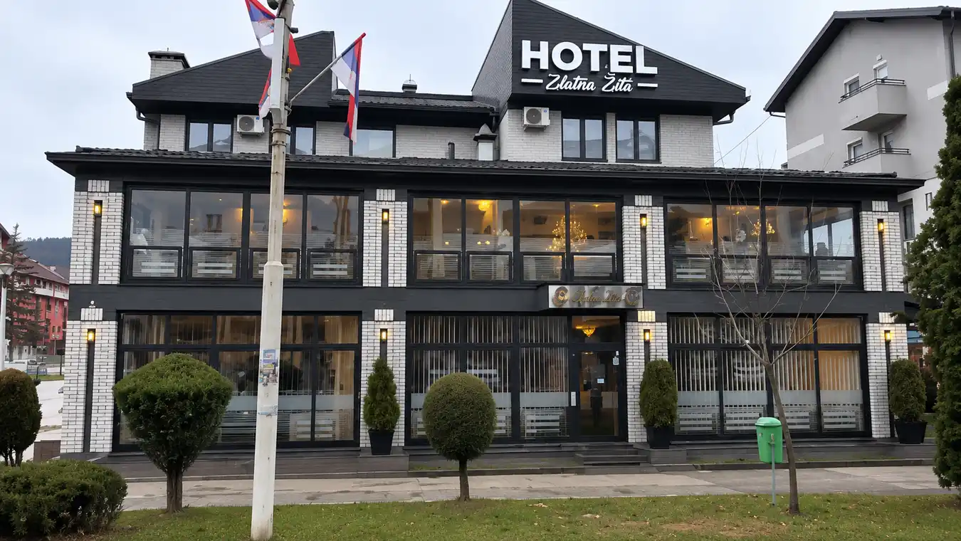 Front facade and entrance of Hotel Zlatna Žita in Pale